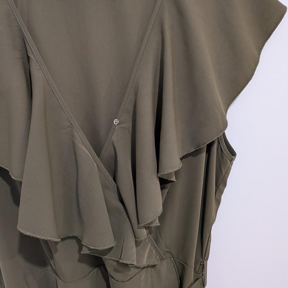 Olive Green- PRETTYGARDEN Midi Deep V Neck Ruffle Hem Dress. Size XL - Picture 4 of 8